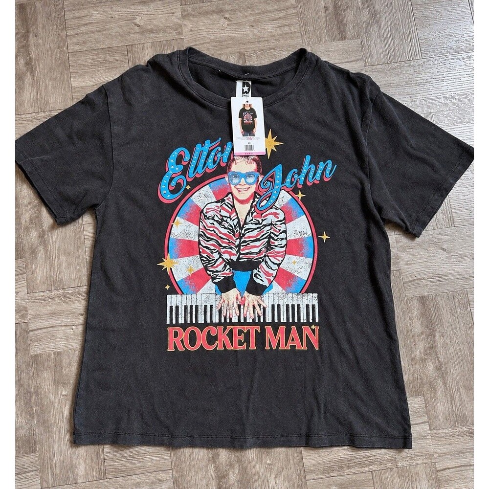 Elton John Rocket Man Women’s Graphic T-Shirt Size S Black NW